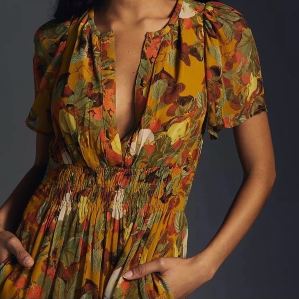 Anthropologie Floral Maxi Dress in Mustard and Brown - Picture 3 of 6